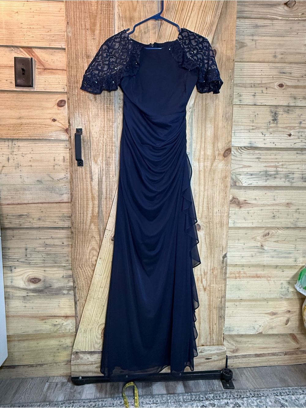 Betsy & Adam Navy Lace Sleeve Maxi Gown